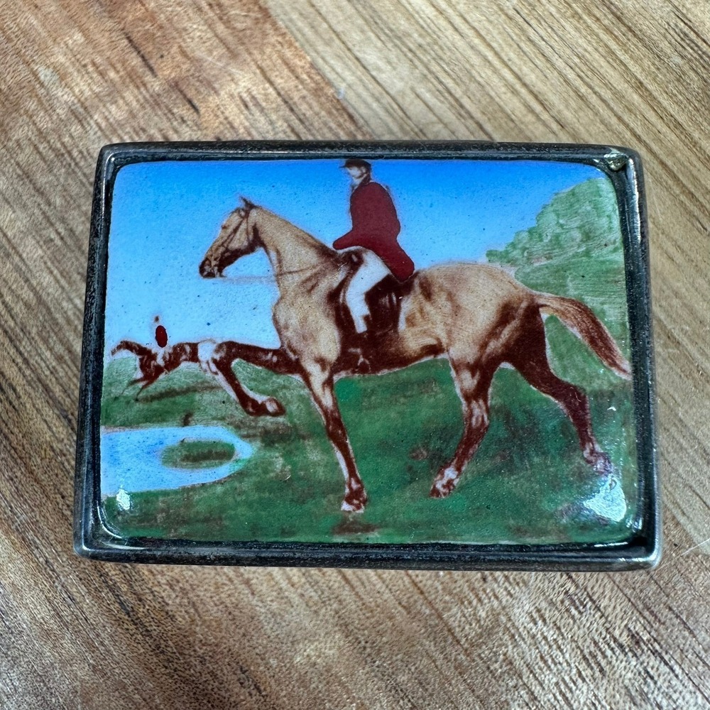VTG 925 Sterling Silver Equestrian Riding Horse Hinged Pill Box Porcelain VTG